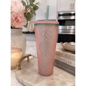 Starbucks Faceted Grid Tumbler 24oz Venti Pink Mint Green Cold Cup with Straw
